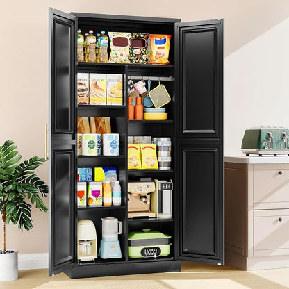 SISESOL 71" Tall Storage Cabinet with 9 Shelves and Hanging Rod,Kitchen Pantry Cabinet with 2 Door,Black Metal Storage Cabinets,Large Cupboard for Home,Kitchen,Laundry,Bathroom