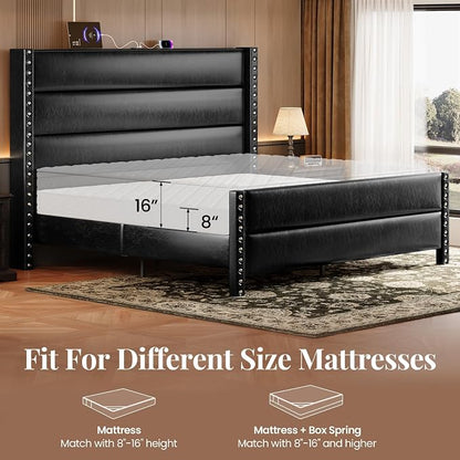 King Size Bed Frame with Storage Shelf & Charging Station, 55" Tall Headboard & 25.6" Footboard, Faux Leather Upholstered Platform Bed with Big Rivets Wingback, Heavy Duty & Noise-Free, Black