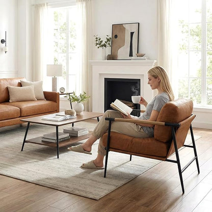 DUOMAY Mid-Century Modern Accent Chair Set of 2 Armchair Brown PU Leather Sofa Lounge Bedroom Chair with Metal Leg for Living Room Reading Office