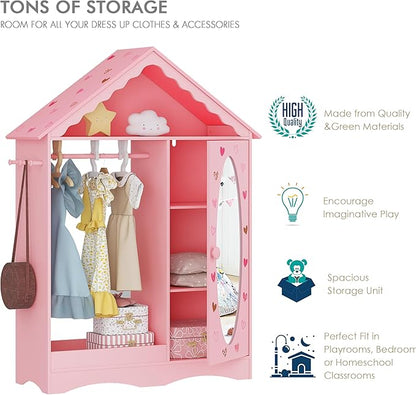UTEX Kids Dress Up Storage with Mirror, Kids Wardrobe Closet, Dress Up Armoire for Little Girls, Open Hanging Costume Organizer with Storage Cabinet for Kids Room, Playroom
