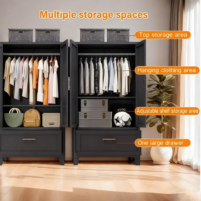60" Matte Black Metal Storage Cabinet with 2 Doors, Drawer, Interior Rail and Adjustable Shelf, Freestanding Utility Cabinet for Office, Laundry Room, Entryway, Garage and Home Storage