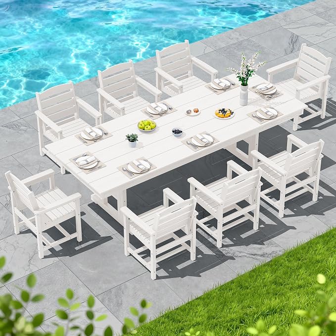 SERWALL 9 Piece 84" HDPE Outdoor Dining Set for 8 with Armchairs and Umbrella Hole, White