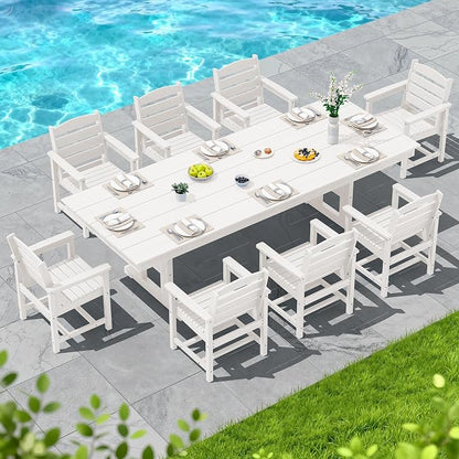 SERWALL 9 Piece 84" HDPE Outdoor Dining Set for 8 with Armchairs and Umbrella Hole, White