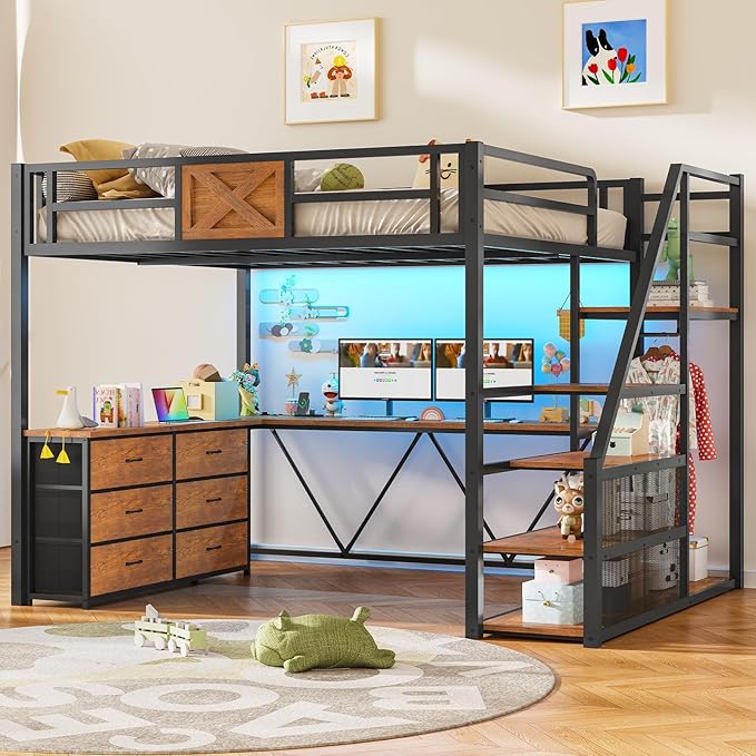 Itaar Full Size Loft Bed with Desk and Storage Stairs, Metal Loft Bed with 6 Storage Drawers, Hall Tree, LED Lights and Power Outlet, for Kids, Teens, Adults, (Rustic Brown, Full)