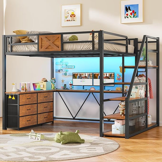 Itaar Full Size Loft Bed with Desk and Storage Stairs, Metal Loft Bed with 6 Storage Drawers, Hall Tree, LED Lights and Power Outlet, for Kids, Teens, Adults, (Rustic Brown, Full)