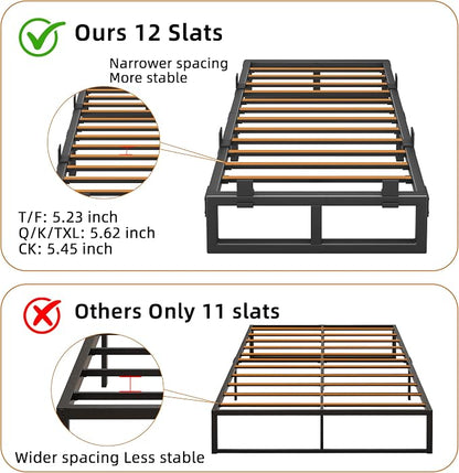 Twin Bed Frames, 12 Inch Metal Platform Bed Frame with Squeak Free U-Slot Design, 6 Non-Slip Guards, 3500lbs Heavy Duty Steel Slat Support, No Box Spring Needed, Under Bed Storage, Black