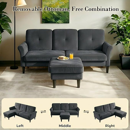 Welzona Sectional Couches for Living Room, 83" Velvet Modern 3 Seater Sofa, L Shaped Couch with Ottoman, Small Sectional Couch Sofas for Living Room, Bedroom, Apartment, Office, Grey Sofa