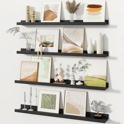 Fun Memories Picture Ledge Shelves Set of 4, 32 Inch Rustic Wall Mounted Floating Shelves with Lip for Home Storage and Décor in Bathroom, Kitchen, Nursery, Bedroom, Living Room, Black