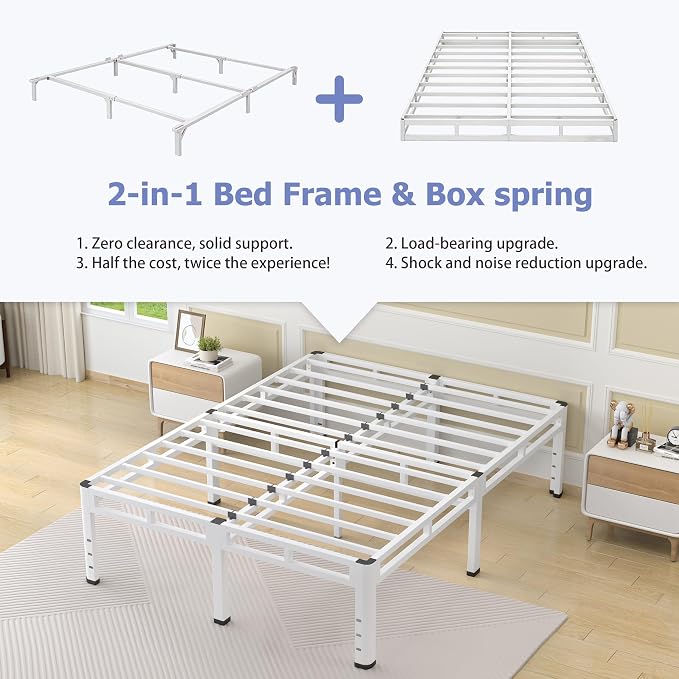 NKZ 24 Inch King Size Bed Frame, Metal Bed Frame & Box Spring 2 in 1 Platform with Round Corner Legs, 4000Lbs Heavy Duty Metal Frame, Mattress Slide Stopper, Headboard Hole, Noise-Free, Easy Assembly