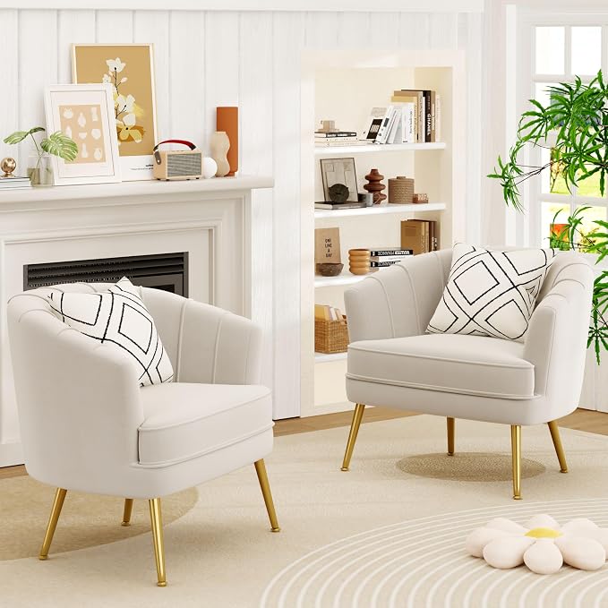 Andeworld Velvet Accent Chair Set of 2, Upholstered Modern Single Sofa Side Chair,Comfy Barrel Club Living Room Armchair with Golden Metal Legs for Bedroom Living Reading Room Office, Beige