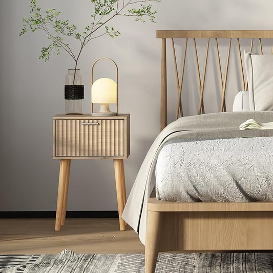 LAATOOREE Nightstands Set of 2, Small Side Table, Bedside Table with Fluted Door, Solid Wood Feet; Modern Mid-Century End Table for Bedroom, Small Space (Natural)