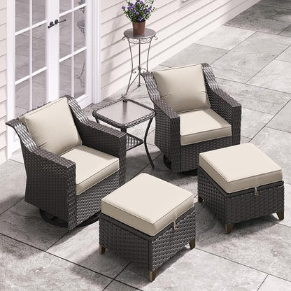 5 Pieces Patio Conversation Furniture Set - Swivel Chairs with Ottomans Set of 2, 1 Side Table, Outdoor Wicker Furniture Set with Washable Cushions for Porch, Balcony, Sunroom (Beige)