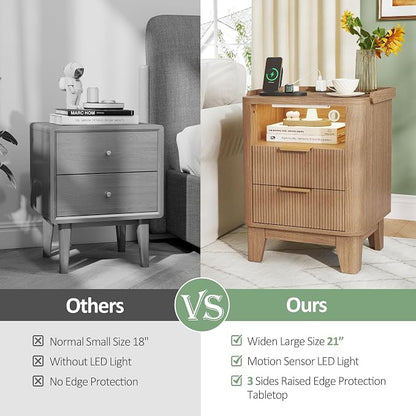 Turosur Night Stand with Charging Station, Fluted NightStand with LED Light and 2 Drawers, Wood Bedside Table with Open Storage, Modern