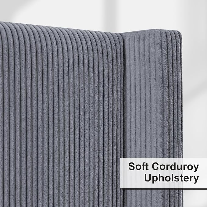 HOWE Queen Bed Frame with 61.4" Extra Tall Headboard, Corduroy Upholstered Bed with Vertical Wingback Headboard, No Box Spring Needed/Noise Free/Solid Wood Slats & Legs/Grey