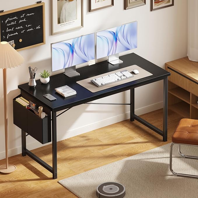 OLIXIS Computer Desk, 55 Inch Home Office Desks for Small Spaces, Writing Craft Study Gaming Table for Bedroom, Modern Computer Workstation with Storage Bag, Black