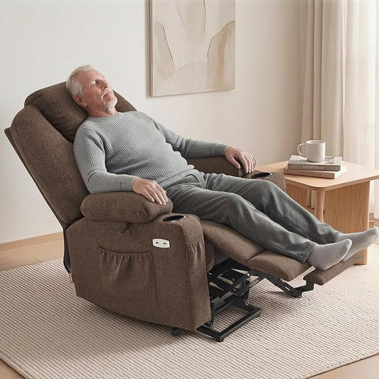 MCombo Power Lift Recliner Chair for Elderly, Lift Chair with Heat and Massage for Tall People, USB&Type C Ports, Extended Footrest, Cup Holders, Fabric 7516 (Large, Brown)