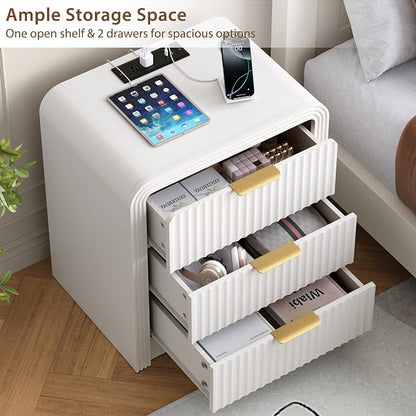 Decofy Fluted Nightstand with Charging Station, Modern Bedroom Side Table with Gold Handles, Curved Profile Design, End Table Wood Organizer for Bedroom, 19.7" & 3 Drawers (1 Pack, Pure White)