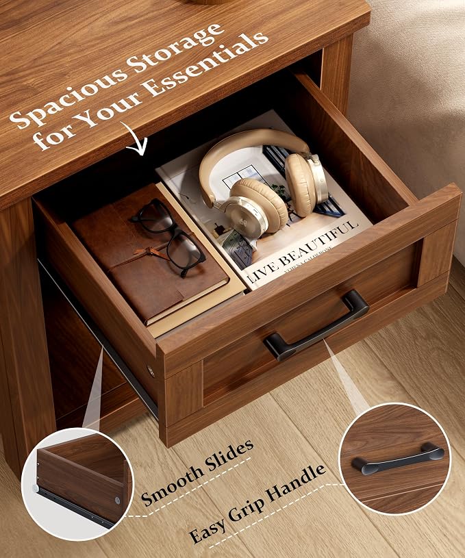 Decofy Farmhouse Nightstand with Charging Station & Large Storage, Modern End Tables with Outlets, USB Ports and Type-C Ports, Easy Assembly for Bedroom (Walnut)