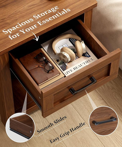 Decofy Farmhouse Nightstand with Charging Station & Large Storage, Modern End Tables with Outlets, USB Ports and Type-C Ports, Easy Assembly for Bedroom (Walnut)