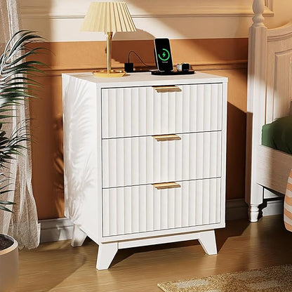 VINGLI White Nightstands Set of 2 with Charging Station, Fluted White Night Stand Bedside Table with Drawers for Bedroom, Fluted Bedside Table/End Table/Side Table, 17.72" W*13.78" D*23.62" H, 2 pcs