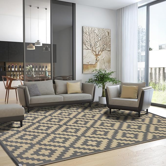 SAND MINE 6 x 9 Ft Reversible Mats, Plastic Straw Rug, Modern Area Rug, Large Floor Mat and Rug for Outdoors, RV, Patio, Backyard, Deck, Picnic, Beach, Trailer, Camping, Grey & Tan