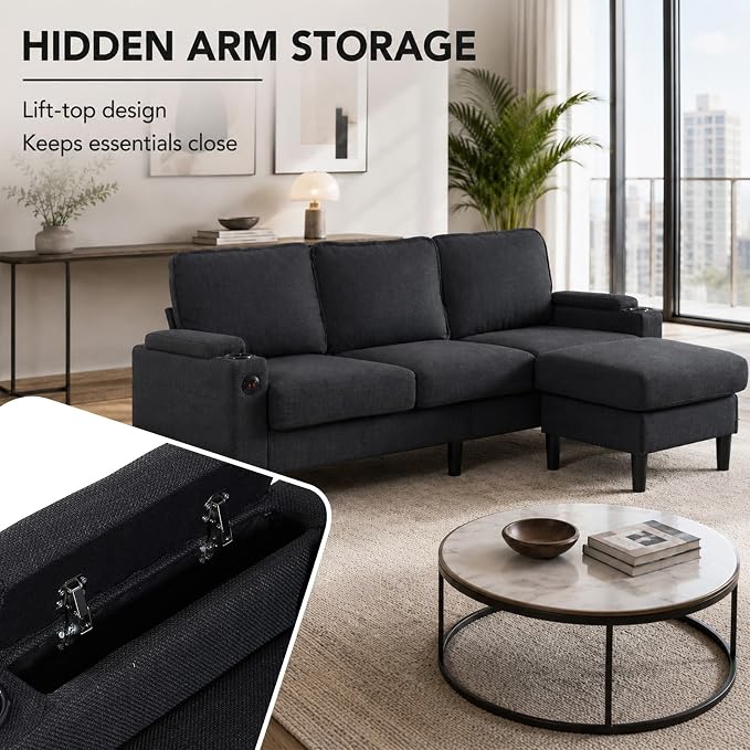67'' L-Shaped Velvet Modular Sectional Couch Sofa with Ottoman, 3-Seat Convertible Cloud Deep Seat Sofa Couches for Living Room Bedroom Apartment, Cozy Chaise Lounge Sofas (Dark Grey)