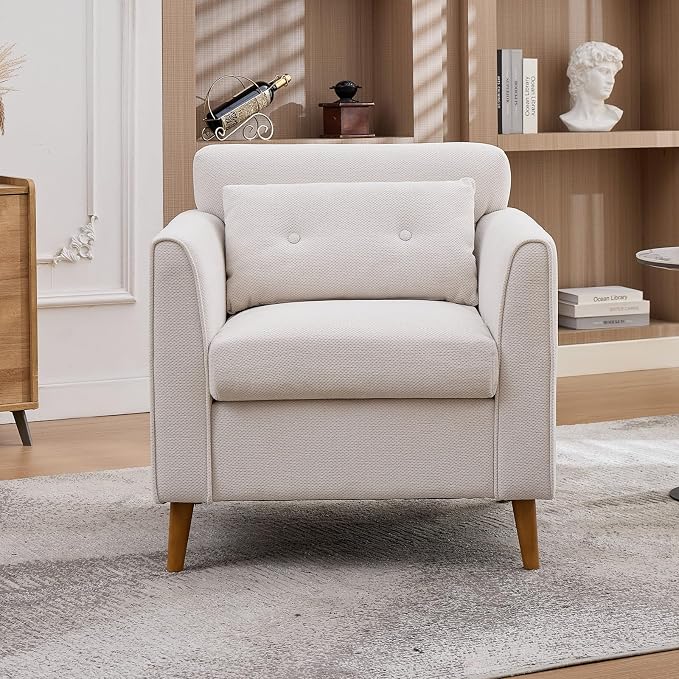 Modern Accent Chair with Wooden Legs Plush Fabric Armchair Chenille Side Single Sofa Chair for Bedroom, Office Cafe Waiting Room Apartment (Beige Armchair)