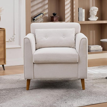Modern Accent Chair with Wooden Legs Plush Fabric Armchair Chenille Side Single Sofa Chair for Bedroom, Office Cafe Waiting Room Apartment (Beige Armchair)