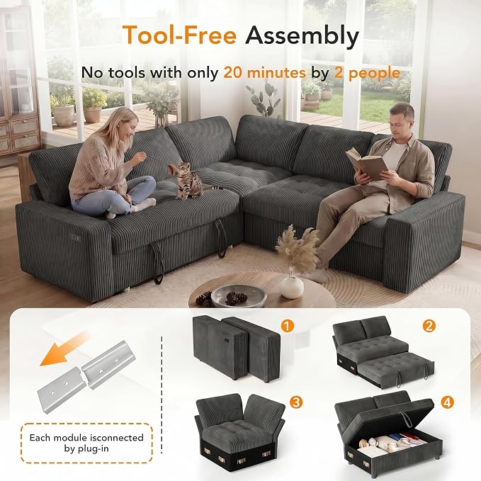 Sunny Heart Modular Sectional Sleeper Sofa with Pull Out Bed, Corduroy L Shaped Sectional Sofa with USB Ports/Adjustable Backrest/Storage Seats, Tool-Free Assembly, Couches for Living Room Dark Grey