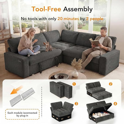 Sunny Heart Modular Sectional Sleeper Sofa with Pull Out Bed, Corduroy L Shaped Sectional Sofa with USB Ports/Adjustable Backrest/Storage Seats, Tool-Free Assembly, Couches for Living Room Dark Grey