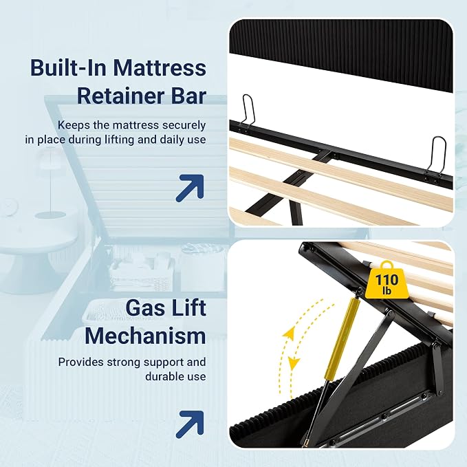Allewie Queen Size Lift-Up Storage Bed Frame with Modern Wingback Headboard, Corduroy Upholstered Platform Bed, Hydraulic Gas Lift Support, Underbed Storage, Wooden Slats, No Box Spring Needed, Black