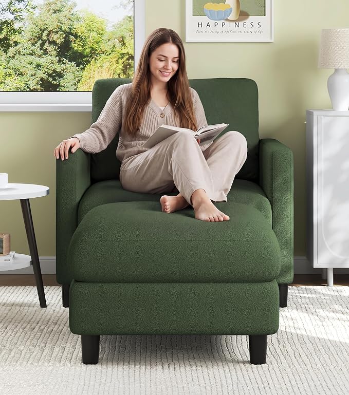 Welzona Sofa Accent Chair with Ottoman, 33" Reading Chair and Ottoman Set for Bedroom, Tool-Free Setup Living Room Accent Chairs, Comfy Arm Chairs Living Room, All-Wood Reading Nook, Green