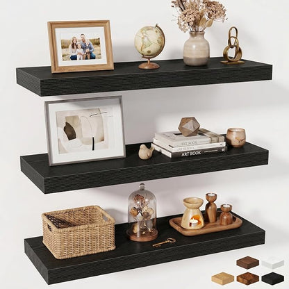 Fun Memories Floating Shelves for Wall, 30 Inch Long Floating Shelves Set of 3, 30 x 10 Wooden Shelves for Wall, Large Storage Shelves, Hanging Shelves for Bathroom Kitchen Bedroom, Black