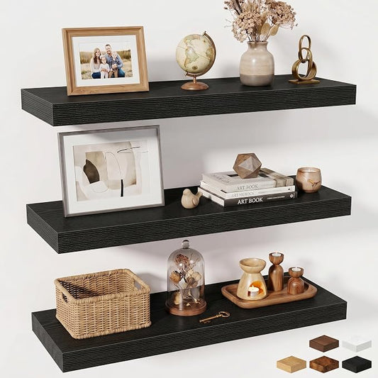 Fun Memories Floating Shelves for Wall, 30 Inch Long Floating Shelves Set of 3, 30 x 10 Wooden Shelves for Wall, Large Storage Shelves, Hanging Shelves for Bathroom Kitchen Bedroom, Black