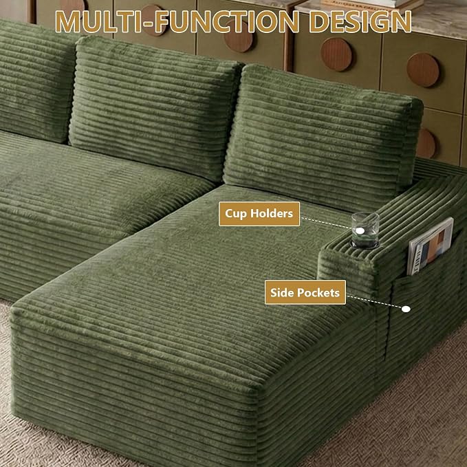 104" Cloud Sectional Couch L-Shaped with Side Pockets Cup Holders, Corduroy Boneless Couch for Living Room,Upholstered Deep-Seat Modular Sectional Sofa, No Assembly Required(Green,Right Facing Chaise)
