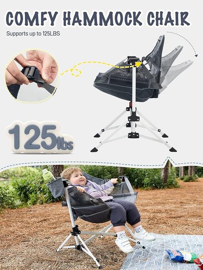 EVER ADVANCED Kids Hammock Chair Foldable, Kids Camping Chair with Stand Portable, Hammock Swing Chair with Cup Holder, Child Camping Gear Carry Bag for Traveling Outdoor Patio Supports 125LBS Grey
