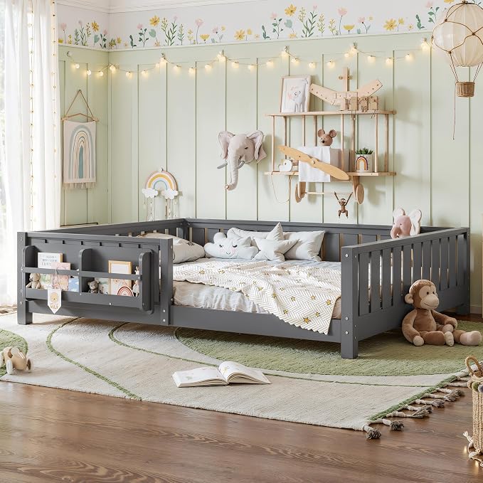 Bellemave Gray Natural Montessori Floor Bed with Fence and Slats, Queen Size Montessori Floor Bed with Bookcase and High Rails, Easy Assemble Bed Frame for Girls, Boys, Queen