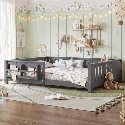 Bellemave Gray Natural Montessori Floor Bed with Fence and Slats, Queen Size Montessori Floor Bed with Bookcase and High Rails, Easy Assemble Bed Frame for Girls, Boys, Queen