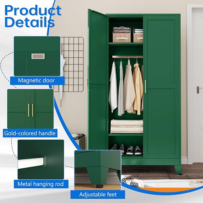 PAOFIN 71" Metal Armoire Wardrobe Closet, Bedroom Clothing Storage Cabinet with Hanging Rod, Freestanding Armoire Cabinet with Adjustable Shelves, Green