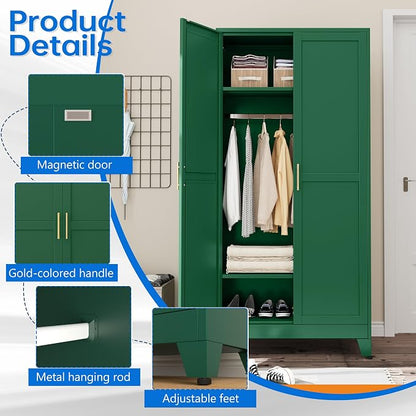 PAOFIN 71" Metal Armoire Wardrobe Closet, Bedroom Clothing Storage Cabinet with Hanging Rod, Freestanding Armoire Cabinet with Adjustable Shelves, Green