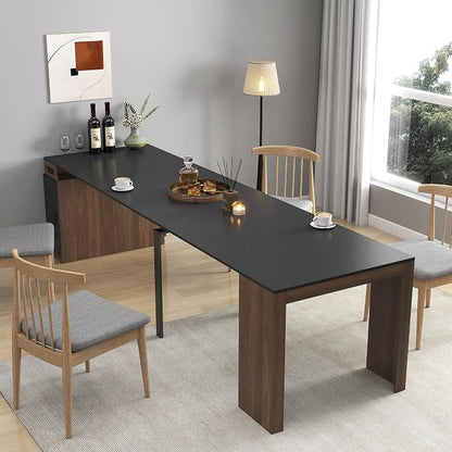 Extendable Dining Table with Storage, Transformer Extra Console Table for 1-12 People, Folding Space Saving Dining Room Table with Built-in Outlet for Homes, Apartments, Walnut Black