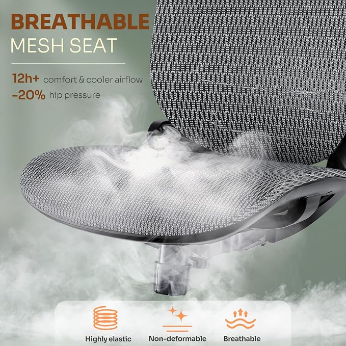 GABRYLLY Ergonomic Office Chair, High Back Home Desk Chair with Headrest, Flip-Up Arms, 90-120° Tilt Lock and Wide Cushion, Big and Tall Mesh Chairs for Man Woman, Grey Task Chair
