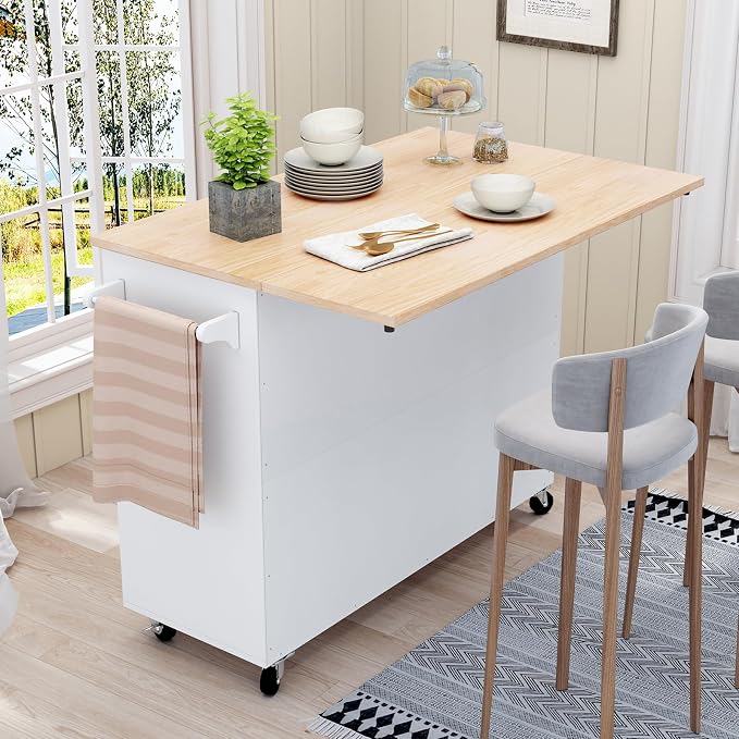 HLR Kitchen Island with Storage, White Rolling Kitchen Island on Wheels with Drop-Leaf Bar Countertop, Island Table for Kitchen with Side Open Spice Rack and Tower Rack, Extra Storage for Kitchen