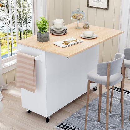 HLR Kitchen Island with Storage, White Rolling Kitchen Island on Wheels with Drop-Leaf Bar Countertop, Island Table for Kitchen with Side Open Spice Rack and Tower Rack, Extra Storage for Kitchen