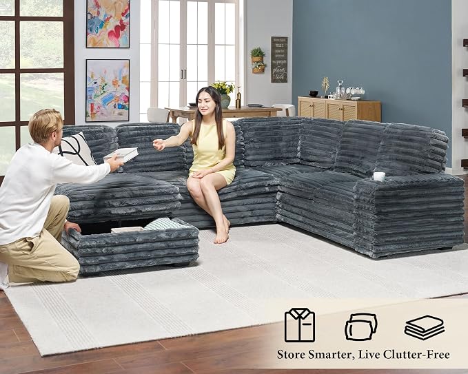 AMERLIFE 112 Inch U Shaped Couch, Oversized Sofa with Storage Chaise & Cup Holders, Sectional Sofa with USB & Type-C Charging Ports, Faux Fur Dark Grey Sofa