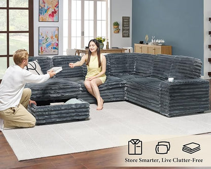 AMERLIFE 112 Inch U Shaped Couch, Oversized Sofa with Storage Chaise & Cup Holders, Sectional Sofa with USB & Type-C Charging Ports, Faux Fur Dark Grey Sofa