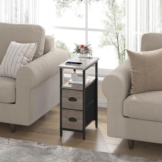 sthmec Narrow End Table with Charging Station, Narrow Side Table with 2 Fabric Drawers, Slim Nightstand, Skinny Bedside Table, Small Side Table for Small Spaces, Living Room, Bedroom, Grey