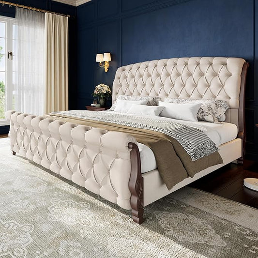 AMERLIFE Upholstered California King Bed Frame, 53" Tall Sleigh Bed with Button Tufted Chenille Headboard and Footboard, Platform Bed with Carved Solid Wood Legs, No Box Spring Needed, Cream
