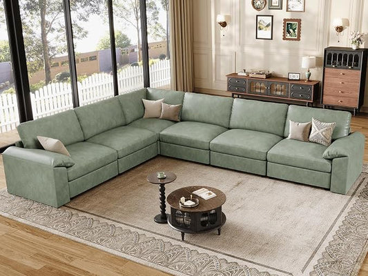 EASE MOOSE Leather Sectional Couch, Oversized Modular Sectional Sofa, Classic Wide Deep Seat Modular Couch, Scratch Resistant Faux Leather Material, L Shaped Sofas for Living Room, Green