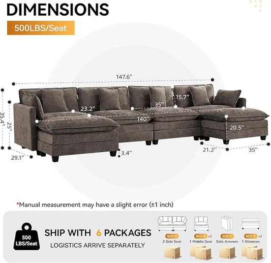 147'' Sectional Cloud Deep Seat Couch, Oversized Chenille U Shaped Sectional Sofa for Living Room Set, Comfy Upholstered Modular Sectional Sofa Couch with 2 Movable Ottoman, Brown